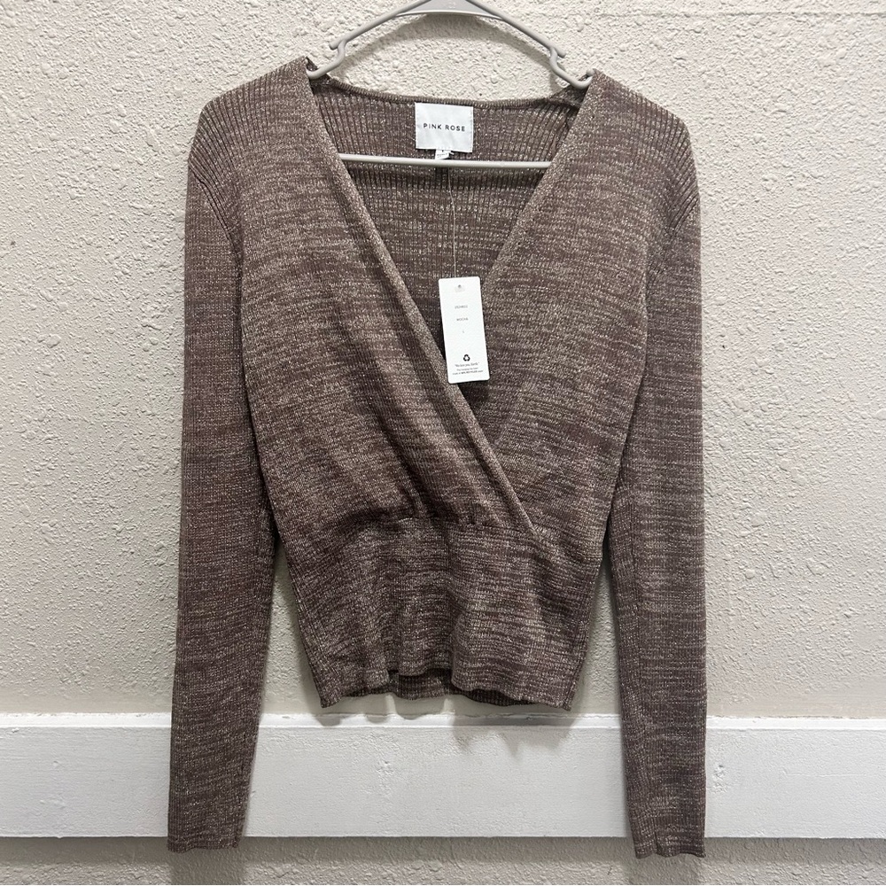 Pink Rose Fitted Sweater Pullover V-neck Mocha With Metallic Threads NWT L